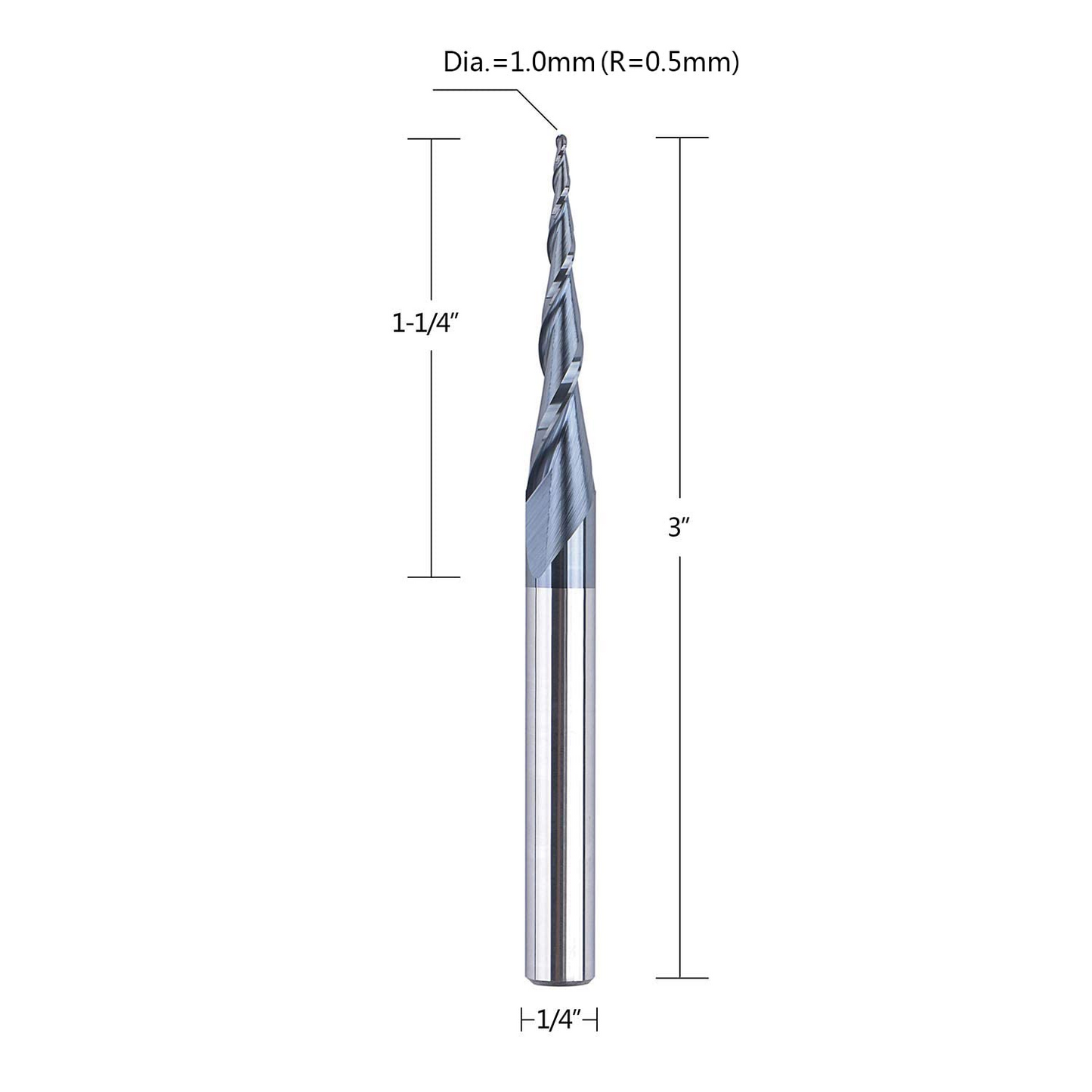 Tapered Ball Nose End Mill 1/4 X 3 inches with 0.5mm Ball Nose 4.82 Deg for CNC Router Engraver Carving Bits