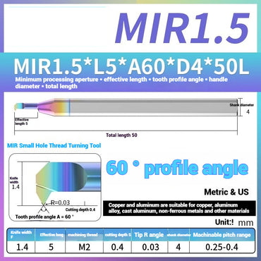 1125-MIR Bore Thread Turning Tools DLC Color Coated Aluminum and Copper CNC Shock Resistant Tungsten Carbide Small Hole Turning Tools Picking Tools Shandong Denso Pricision Tools Co.,Ltd.