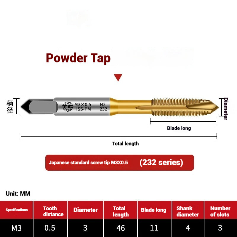 1103-Powder metallurgy high-speed steel tap 232 titanium-plated screw tip stainless steel machine tap Japanese standard apex tap Shandong Denso Pricision Tools Co.,Ltd.
