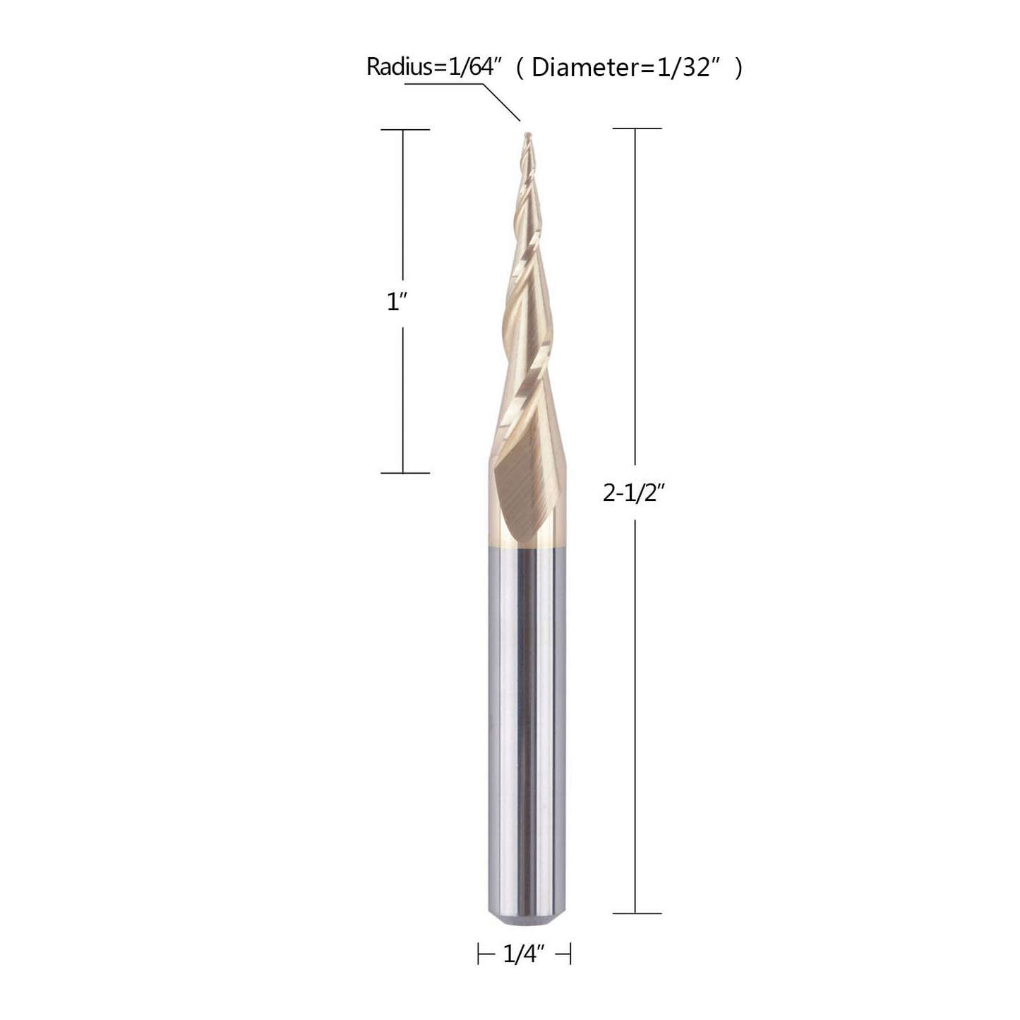 Tapered Ball Nose End Mill 1/4" Shank with 1/64" Cutting Radius for 3D Carving Engraving Router Bit, ZrN Coated