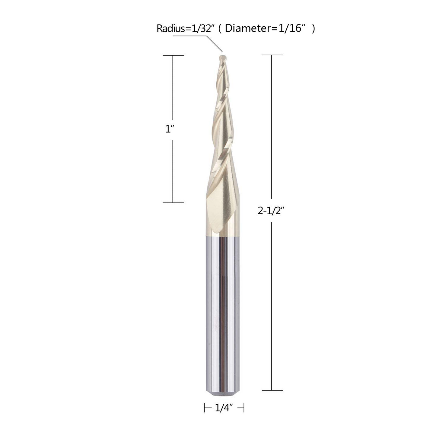Tapered Ball Nose End Mill 1/4" Shank with 1/64" Cutting Radius for 3D Carving Engraving Router Bit, ZrN Coated