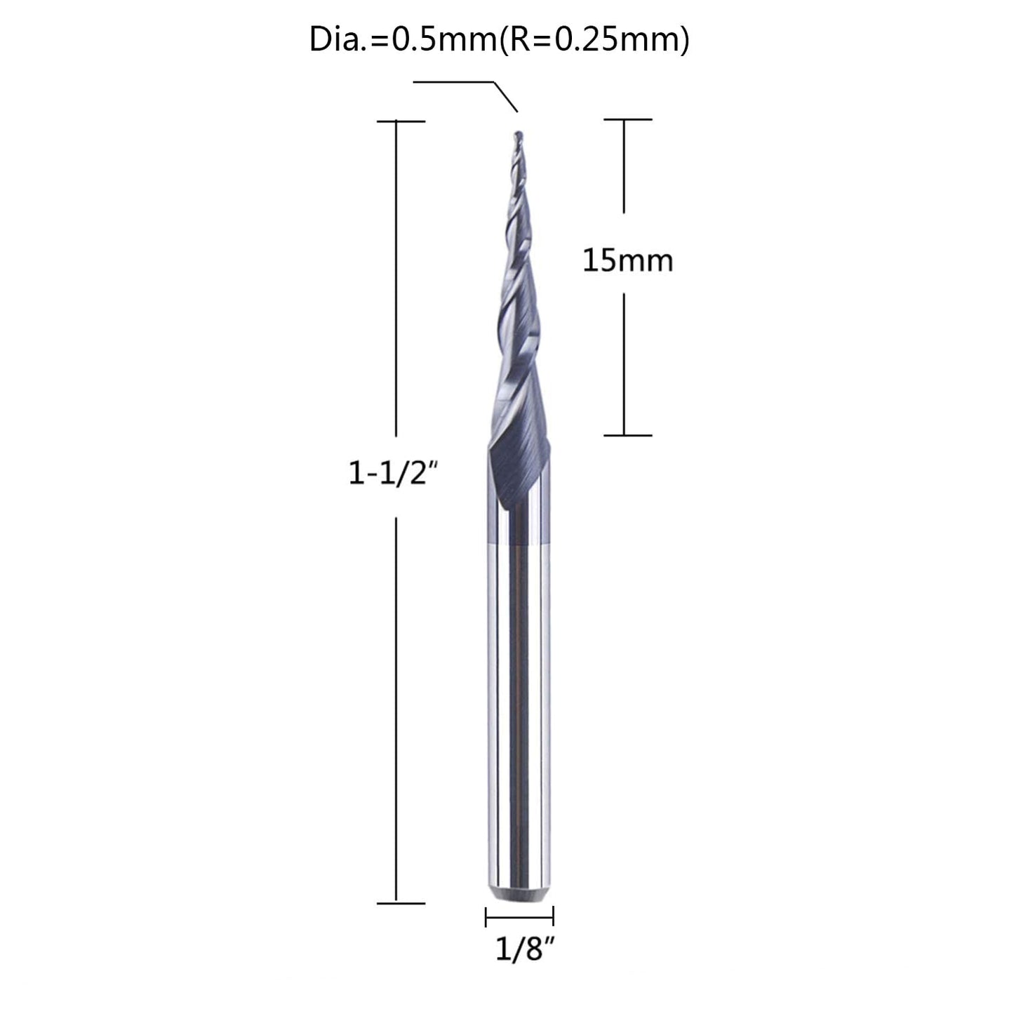 Tapered Ball Nose Carving End Mill 1/8 inch Shank 0.25MM Radius Tips 3D Woodworking Tool CNC Router Bits