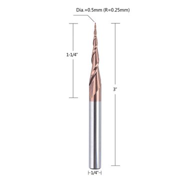 Tapered Ball Nose End Mill 1/4" X 3" with 0.5mm Tip Diameter(0.25mm Radius) Ball Nose 5.26Deg for CNC Machine Engraving Carving Bits