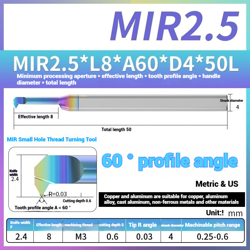 1125-MIR Bore Thread Turning Tools DLC Color Coated Aluminum and Copper CNC Shock Resistant Tungsten Carbide Small Hole Turning Tools Picking Tools Shandong Denso Pricision Tools Co.,Ltd.