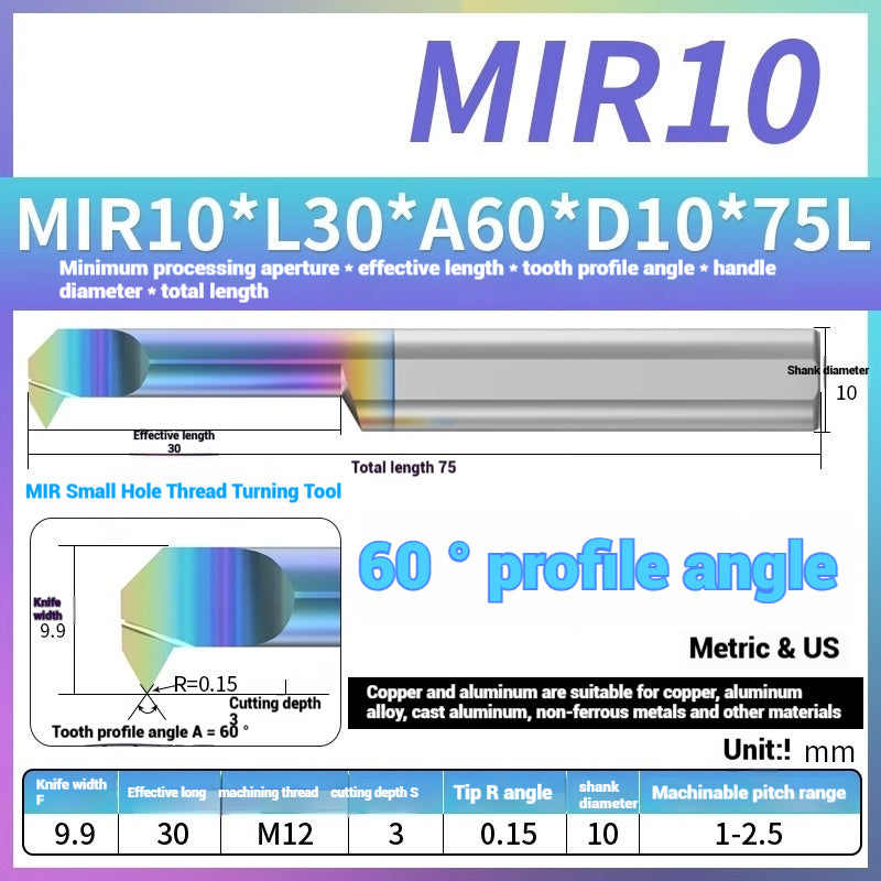 1125-MIR Bore Thread Turning Tools DLC Color Coated Aluminum and Copper CNC Shock Resistant Tungsten Carbide Small Hole Turning Tools Picking Tools Shandong Denso Pricision Tools Co.,Ltd.