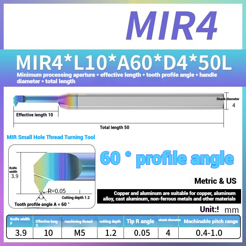 1125-MIR Bore Thread Turning Tools DLC Color Coated Aluminum and Copper CNC Shock Resistant Tungsten Carbide Small Hole Turning Tools Picking Tools Shandong Denso Pricision Tools Co.,Ltd.