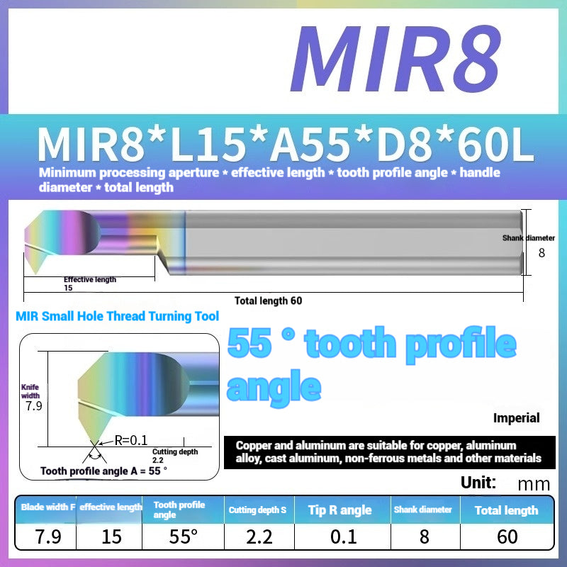 1125-MIR Bore Thread Turning Tools DLC Color Coated Aluminum and Copper CNC Shock Resistant Tungsten Carbide Small Hole Turning Tools Picking Tools Shandong Denso Pricision Tools Co.,Ltd.