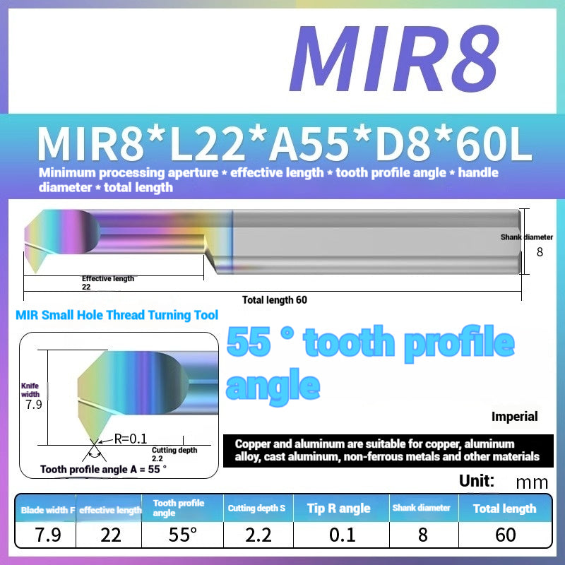 1125-MIR Bore Thread Turning Tools DLC Color Coated Aluminum and Copper CNC Shock Resistant Tungsten Carbide Small Hole Turning Tools Picking Tools Shandong Denso Pricision Tools Co.,Ltd.