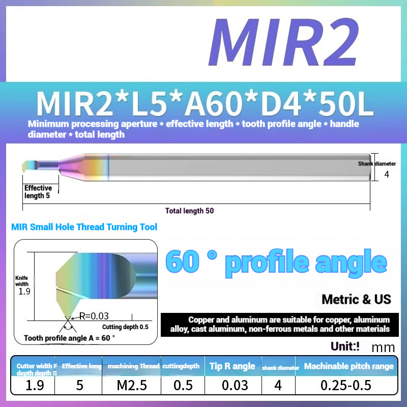 1125-MIR Bore Thread Turning Tools DLC Color Coated Aluminum and Copper CNC Shock Resistant Tungsten Carbide Small Hole Turning Tools Picking Tools Shandong Denso Pricision Tools Co.,Ltd.