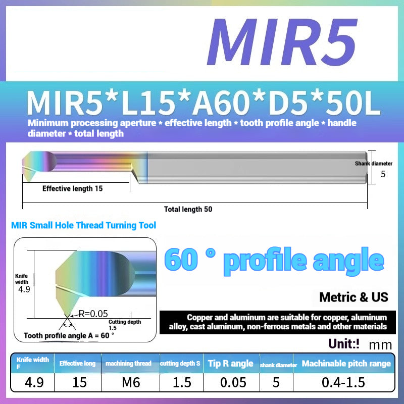 1125-MIR Bore Thread Turning Tools DLC Color Coated Aluminum and Copper CNC Shock Resistant Tungsten Carbide Small Hole Turning Tools Picking Tools Shandong Denso Pricision Tools Co.,Ltd.
