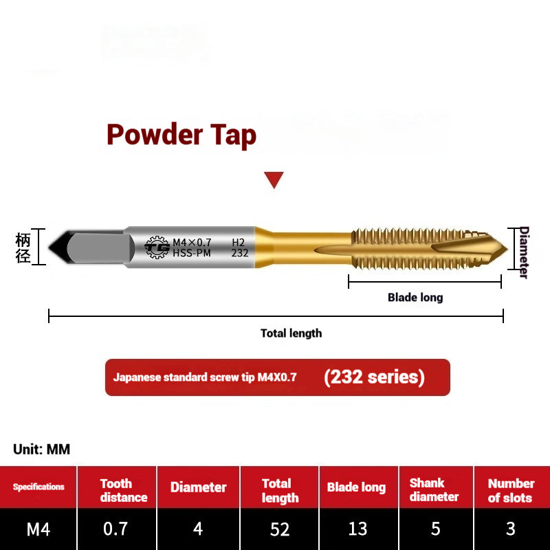 1103-Powder metallurgy high-speed steel tap 232 titanium-plated screw tip stainless steel machine tap Japanese standard apex tap Shandong Denso Pricision Tools Co.,Ltd.