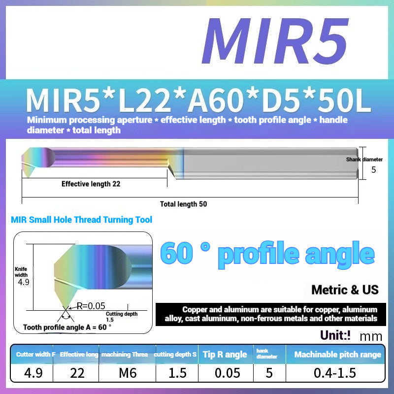 1125-MIR Bore Thread Turning Tools DLC Color Coated Aluminum and Copper CNC Shock Resistant Tungsten Carbide Small Hole Turning Tools Picking Tools Shandong Denso Pricision Tools Co.,Ltd.