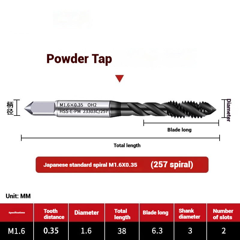 1101-OST High Speed Steel Powder Tap Japanese Standard Apex Screw Point Spiral Powder Metallurgy Tapping Coated Tap Shandong Denso Pricision Tools Co.,Ltd.
