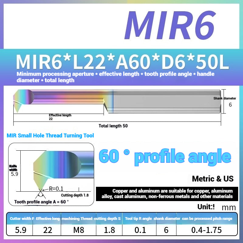 1125-MIR Bore Thread Turning Tools DLC Color Coated Aluminum and Copper CNC Shock Resistant Tungsten Carbide Small Hole Turning Tools Picking Tools Shandong Denso Pricision Tools Co.,Ltd.