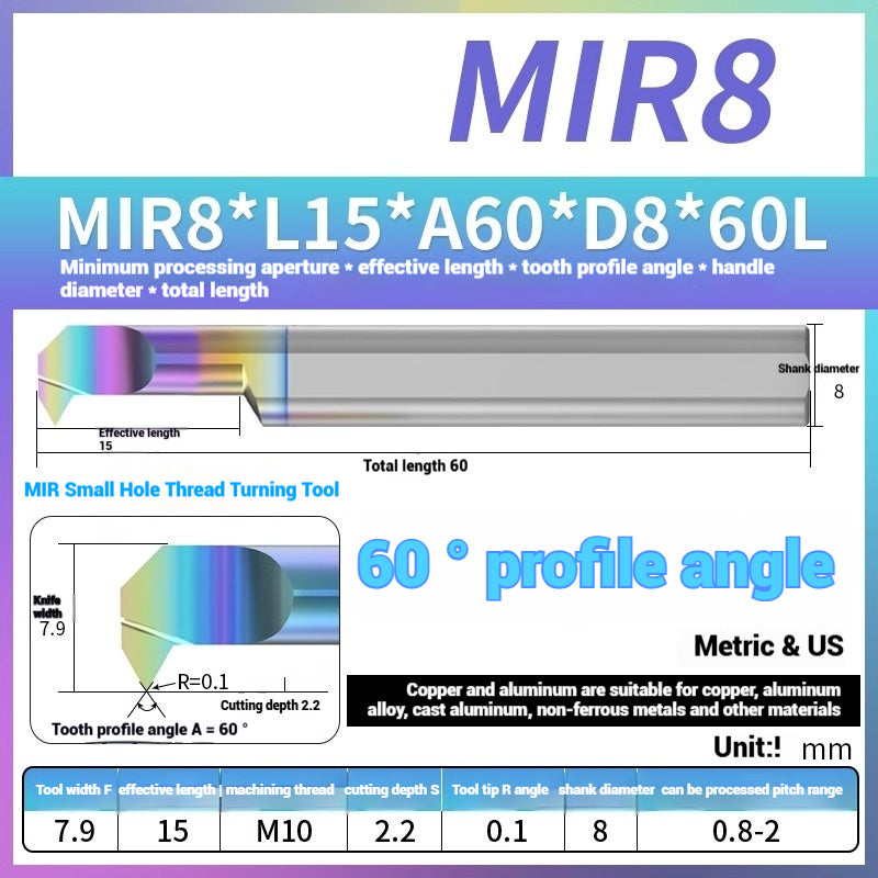 1125-MIR Bore Thread Turning Tools DLC Color Coated Aluminum and Copper CNC Shock Resistant Tungsten Carbide Small Hole Turning Tools Picking Tools Shandong Denso Pricision Tools Co.,Ltd.