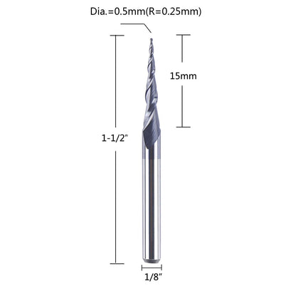 Tapered Ball Nose Carving End Mill 1/8 inch Shank 0.25MM Radius Tips 3D Woodworking Tool CNC Router Bits