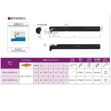 MVWNR/L lathe inner hole turning tool with main deflection angle of 72.5 degrees Shandong Denso Pricision Tools Co.,Ltd.